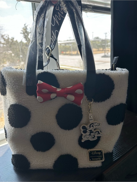 Disney Handbags - Disney White Faux Shearling Tote with Black Polka Dots and Red Bow